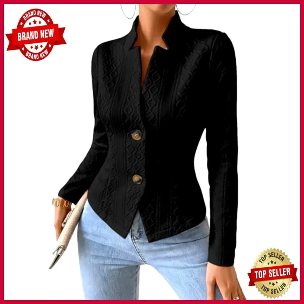 Petite Jacquard Knit Blazer Slim Fit V-Neck Stand Collar Work Coat